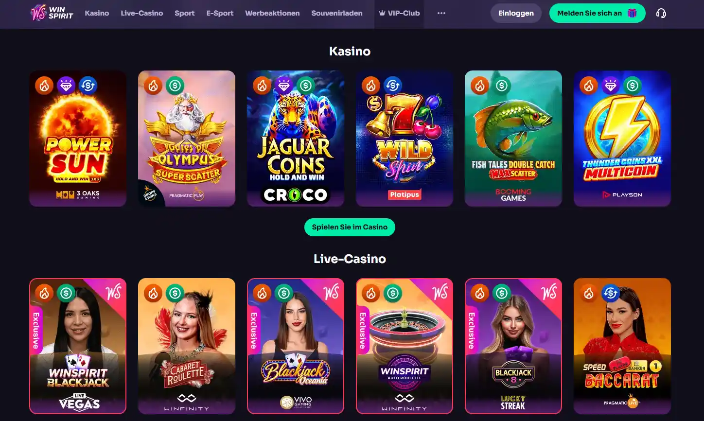 WinSpirit-Startseite mit Navigation und öffentlich sichtbaren Casino-Bereichen