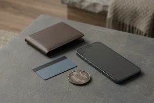 Neutrale Bankkarte, kleine Geldbörse und abstrakte digitale Münzdarstellungen auf einem Tisch