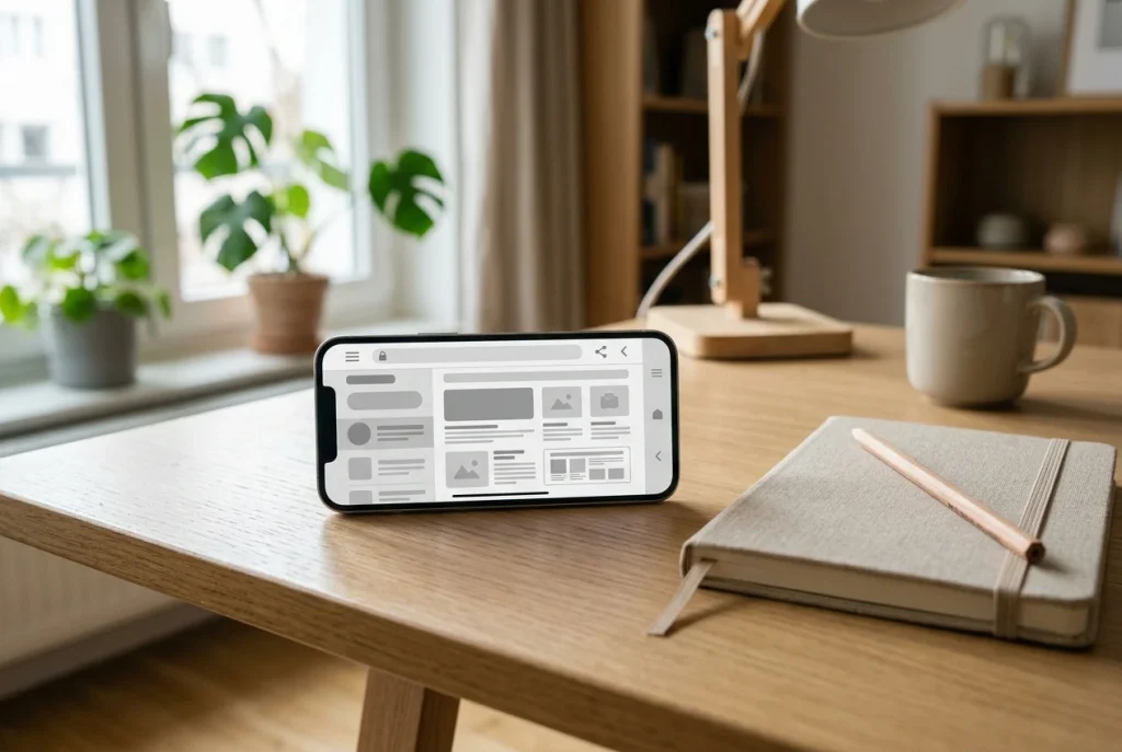 Smartphone mit neutraler Browseransicht neben einem geschlossenen Notizbuch und einem Stift