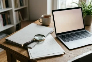 Dokumentenmappe neben einer Lupe und einem neutralen Laptop auf einem Schreibtisch