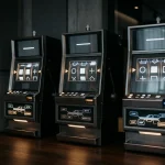Drei schlichte beleuchtete Spielautomaten mit abstrakten Symbolen in einem ruhigen Innenraum
