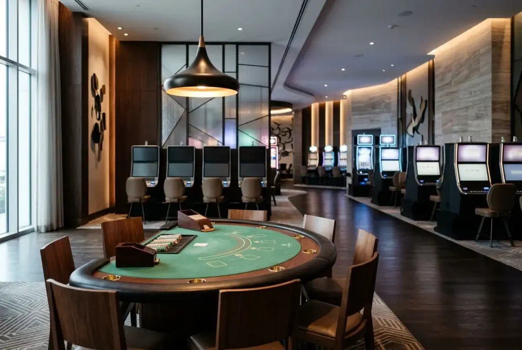 Ruhiger Casinoraum mit neutralen Automatensilhouetten und einem unbesetzten Spieltisch