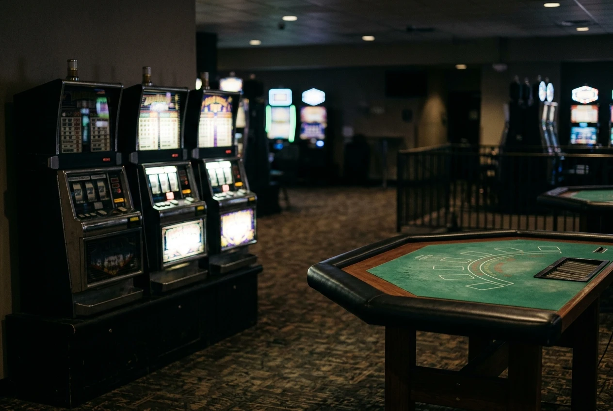 Neutrale Casino-Spielstation mit Automatenbildschirmen und Tischspielfläche