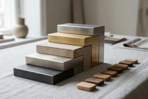 Abstrakte abgestufte geometrische Formen aus mattem Metall und Papier auf hellem Tisch