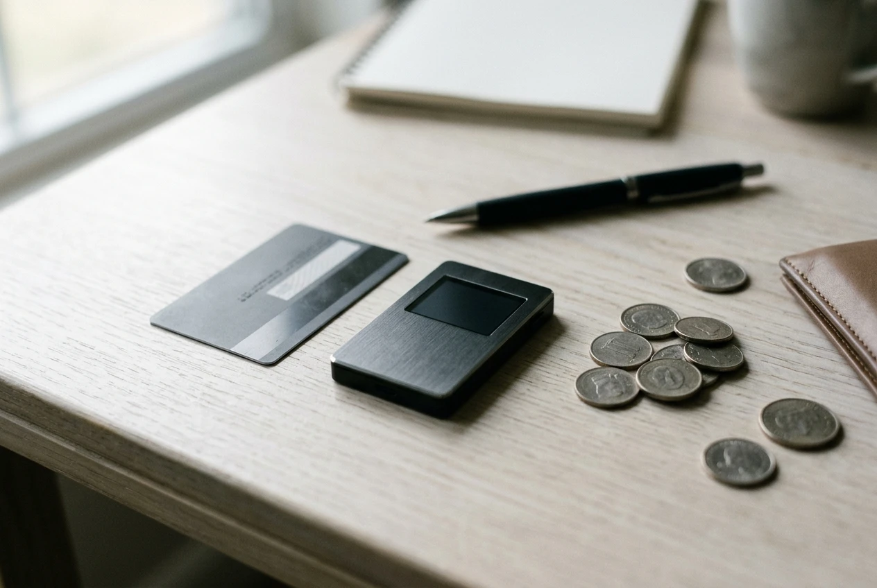 Bankkarte neben neutralem Krypto-Wallet-Gerät und Münzen auf einem Tisch